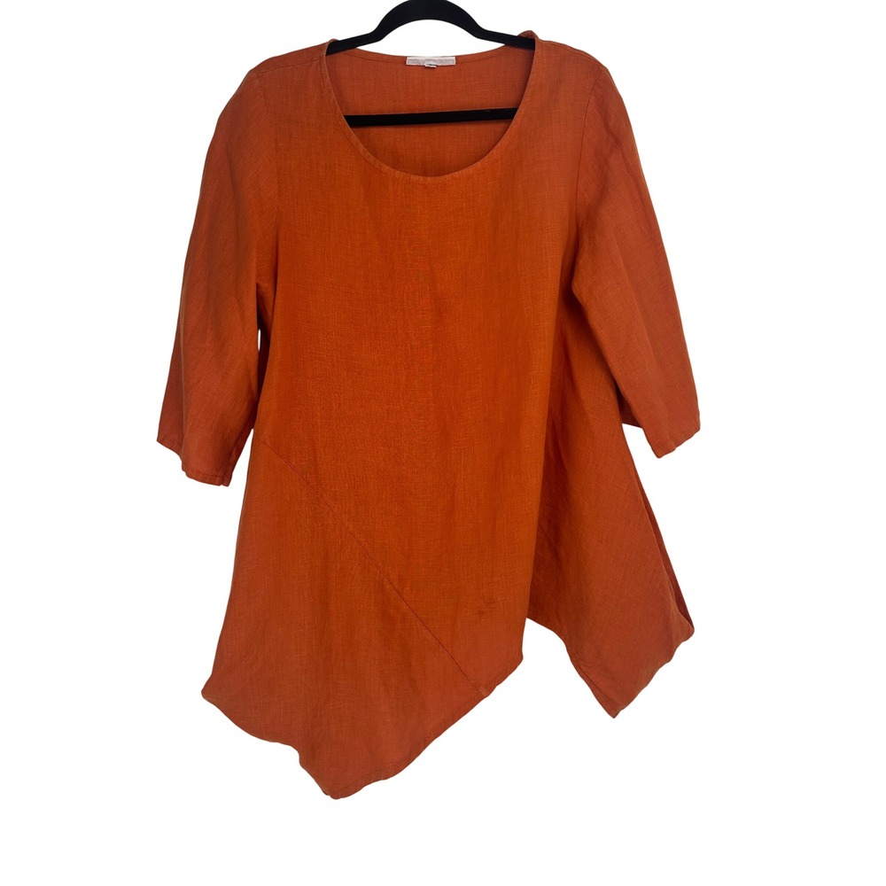 Bryn Walker Burnt Orange 100% Linen Asymmetrical Handkerchief Hem Tunic Top S